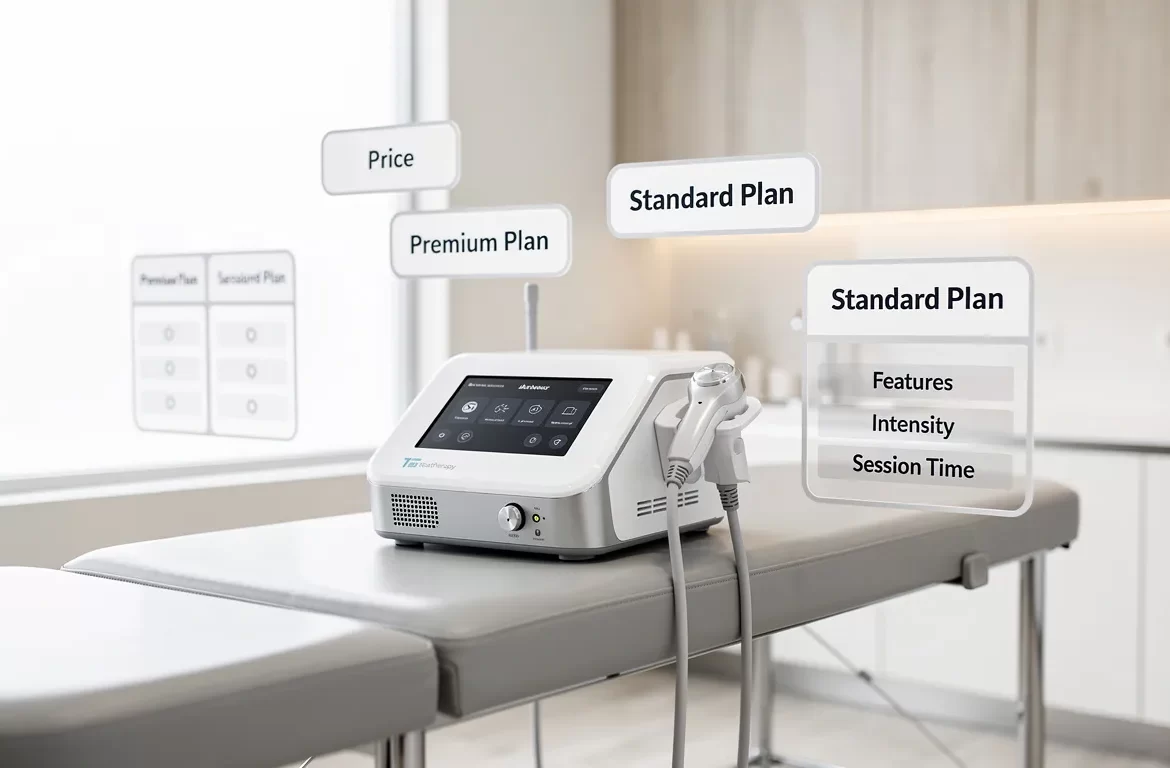 Un appareil de tecarthérapie moderne posé sur une table de spa avec des étiquettes de prix et des graphiques de comparaison flottant dans une salle clinique doucement éclairée.