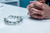 Un appareil dentaire cassé repose près des mains inquiètes d’un patient sur un comptoir de clinique.