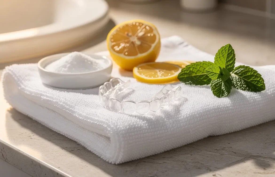 Un appareil dentaire repose sur une serviette blanche pliée, accompagnée de bicarbonate, d’un citron et d’une branche de menthe sur un comptoir de salle de bain éclairé par la lumière du matin.