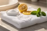 Un appareil dentaire repose sur une serviette blanche pliée, accompagnée de bicarbonate, d’un citron et d’une branche de menthe sur un comptoir de salle de bain éclairé par la lumière du matin.
