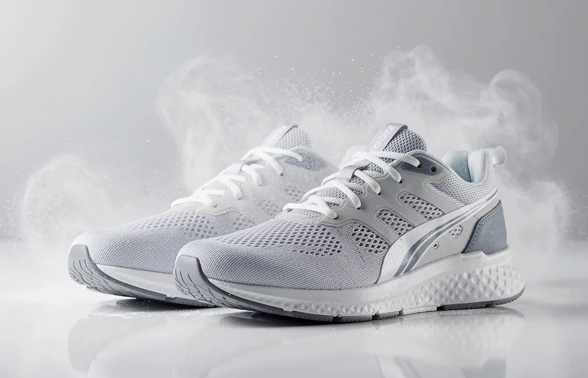 Des baskets de sport en gros plan sont posées sur une surface propre, enveloppées d’un nuage de spray anti-transpirant.