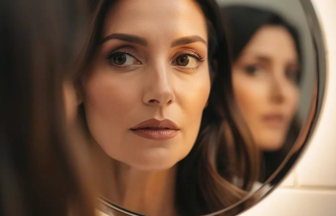 Jennifer Love Hewitt regarde son reflet dans un miroir doucement éclairé, avec un maquillage discret mettant en valeur ses traits naturels.