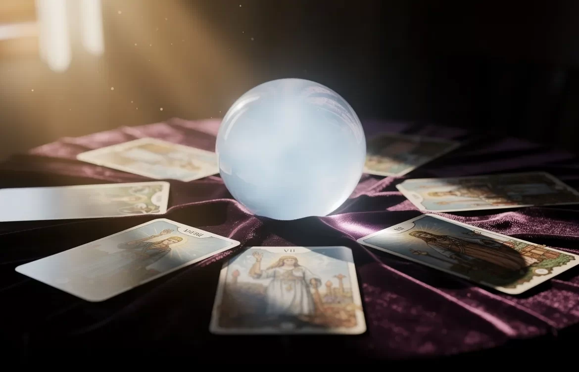 Une boule de cristal lumineuse repose sur une table en velours sombre entourée de cartes de tarot et de rayons de soleil.