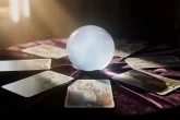 Une boule de cristal lumineuse repose sur une table en velours sombre entourée de cartes de tarot et de rayons de soleil.