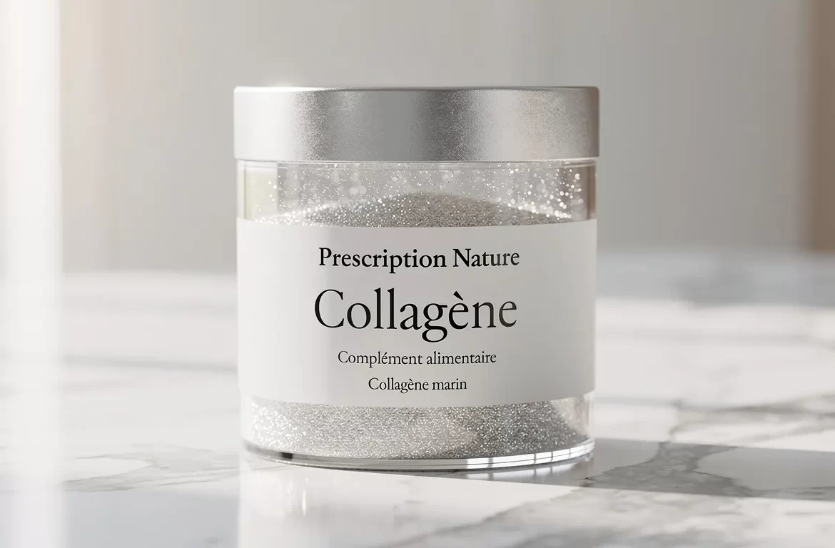 Un pot en verre transparent étiqueté Prescription Nature Collagène repose sur un comptoir en marbre, contenant une poudre irisée éclairée par la lumière du soleil.
