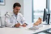 Un podiatre examine une ordonnance à côté d’un modèle de pied sur un bureau dans une clinique moderne baignée de lumière naturelle.