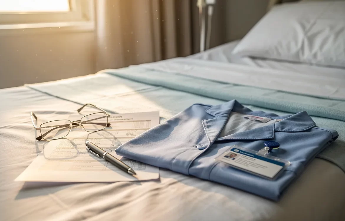Un uniforme d’infirmière soigneusement plié repose sur un lit d’hôpital, à côté d’un relevé de pension et d’une paire de lunettes, baigné par une douce lumière d’après-midi.
