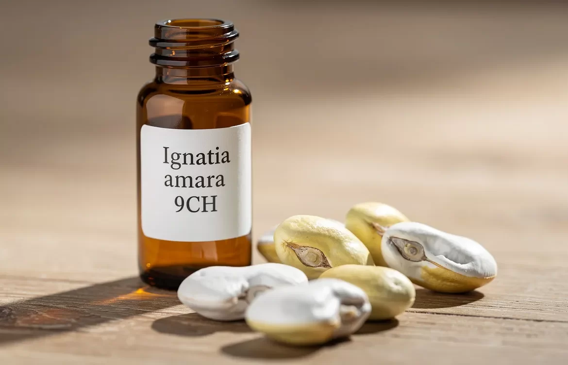 Un flacon ambré de remède homéopathique Ignatia amara 9CH est posé à côté de fèves blanches et jaunes de Saint-Ignace sur une table en bois éclairée doucement.