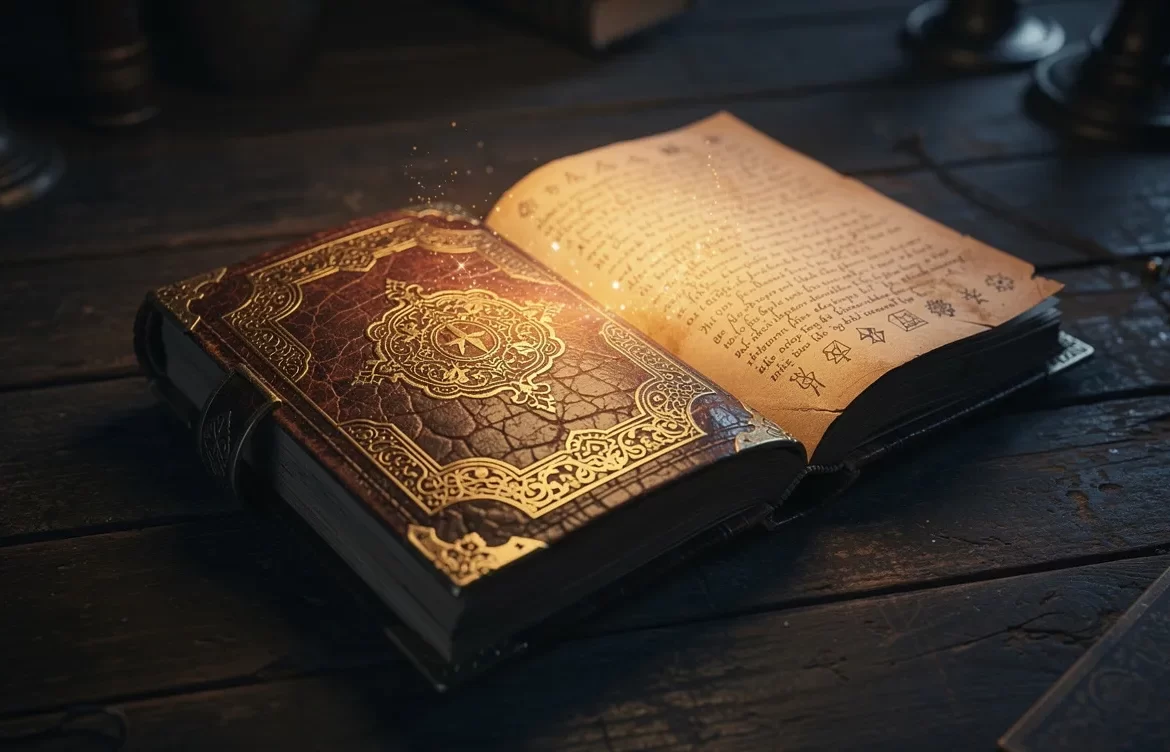 Un livre ancien et orné repose ouvert sur une table en bois sombre, éclairé par une lueur subtile dans une ambiance mystérieuse.