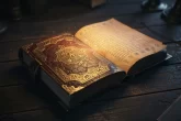 Un livre ancien et orné repose ouvert sur une table en bois sombre, éclairé par une lueur subtile dans une ambiance mystérieuse.