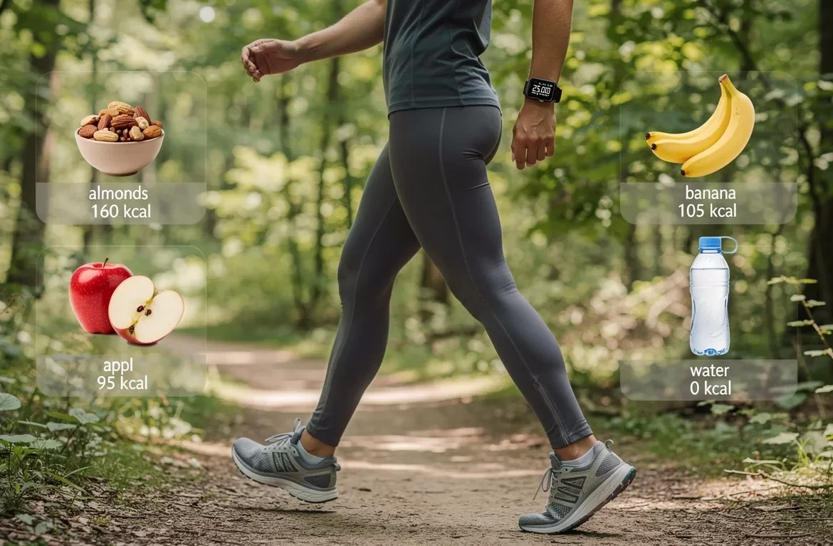 Personne sportive marchant sur un sentier naturel avec un podomètre affichant 25 000 pas, des encas sains et des chiffres de calories en arrière-plan.
