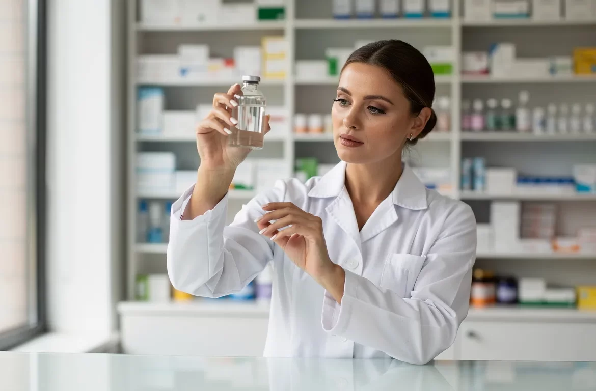 Un pharmacien en blouse blanche examine un flacon d’eau du robinet devant un comptoir ordonné, avec des rayons de médicaments en arrière-plan et une lumière du jour douce.