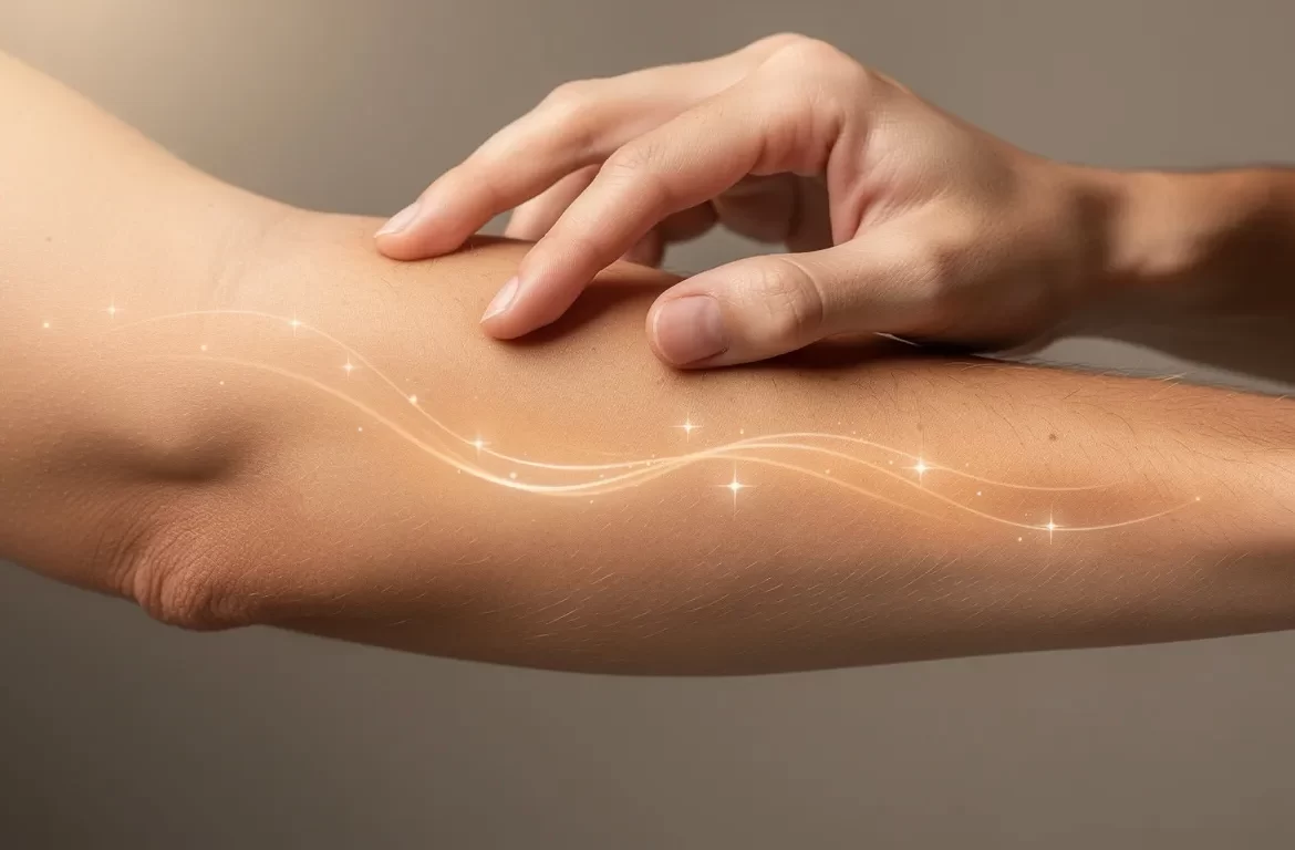 Une main touche délicatement un avant-bras avec des lignes lumineuses et des points scintillants suggérant une sensation de picotement sur un fond neutre.