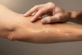 Une main touche délicatement un avant-bras avec des lignes lumineuses et des points scintillants suggérant une sensation de picotement sur un fond neutre.