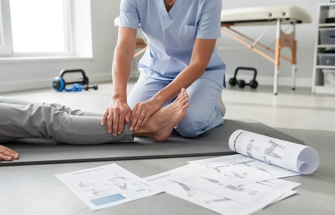 Un thérapeute aide un patient à réaliser des exercices de rééducation du pied sur un tapis, près de feuilles de protocole et sous une lumière matinale douce.
