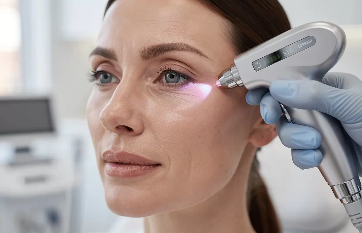 Une femme reçoit un traitement laser délicat sous les yeux dans une clinique moderne.