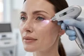 Une femme reçoit un traitement laser délicat sous les yeux dans une clinique moderne.