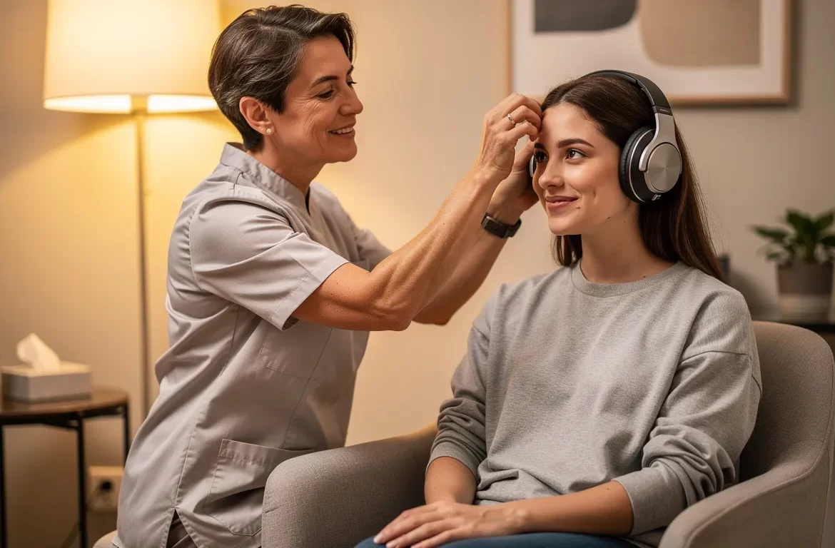 Une thérapeute pose délicatement un casque audio sur les oreilles d’une jeune femme dans une salle de thérapie chaleureuse et contemporaine.
