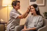 Une thérapeute pose délicatement un casque audio sur les oreilles d’une jeune femme dans une salle de thérapie chaleureuse et contemporaine.
