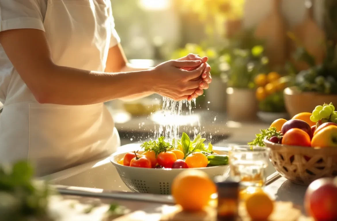 Une personne lave doucement des légumes frais dans une cuisine baignée de lumière matinale, avec des fruits colorés et un verre d’eau sur le plan de travail.