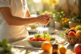 Une personne lave doucement des légumes frais dans une cuisine baignée de lumière matinale, avec des fruits colorés et un verre d’eau sur le plan de travail.